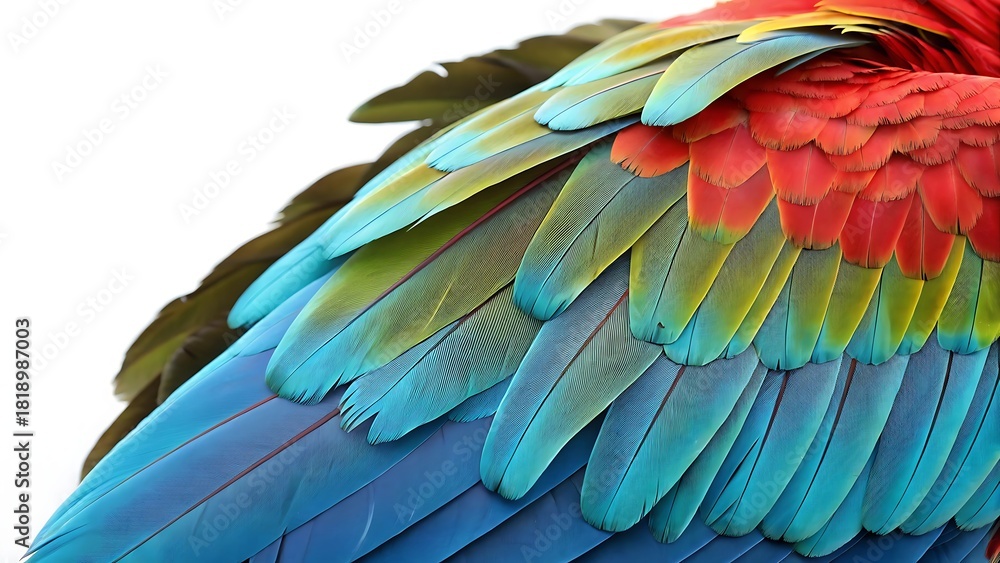 Obraz premium Colorful feathers with vibrant colors on the back of macaw parrot With shadow. AI GENERATED.