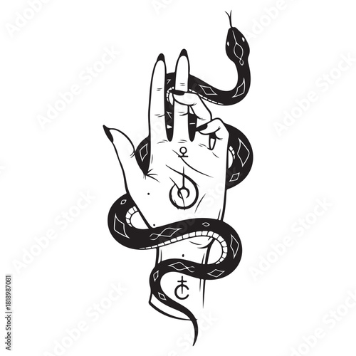Mystical Hand Wrapped in Serpent with Esoteric Symbols Illustration
