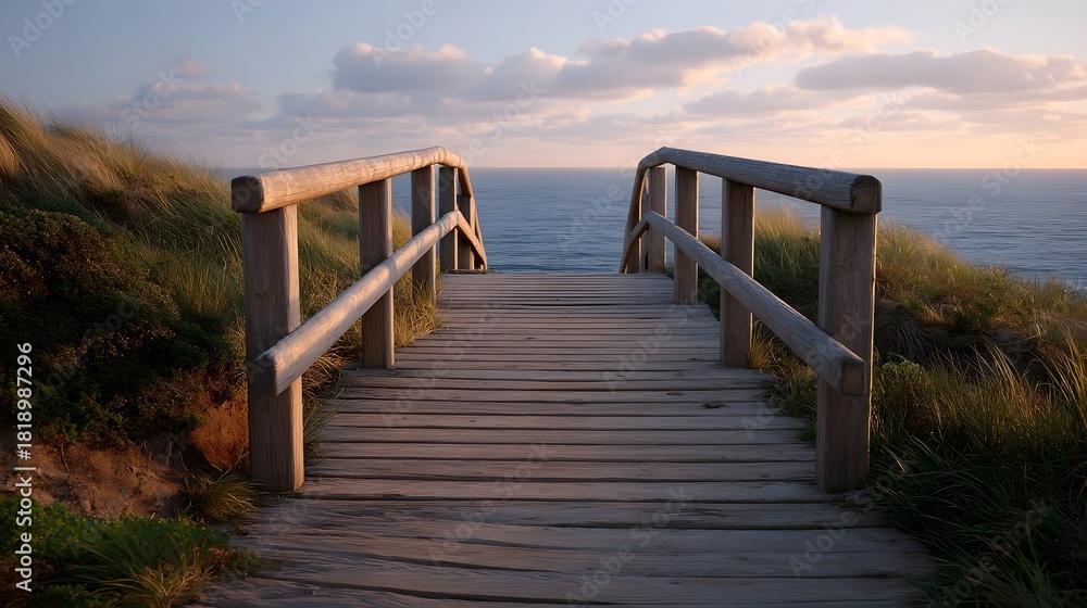 Fototapeta premium A wooden boardwalk leads towards the tranquil ocean under a soft sunset sky