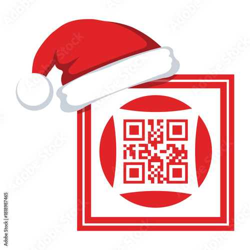 A Christmas-themed black and red QR code wearing a Santa hat. Conceptual vector illustration for holiday promotions, digital coupons, festive marketing, modern gift vouchers, and online shopping deals