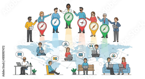 Diverse global team collaborating remotely using technology and guided by directional compasses representing goals