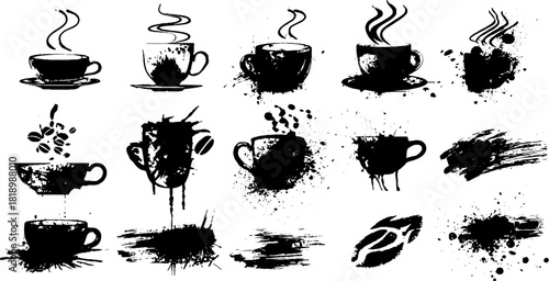 Black ink splatter grunge coffee cups illustration set for minimalistic design