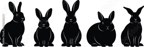 Set of Five Sitting Rabbits Silhouettes in Different Poses - Cute Black Hares or Bunnies Collection Vector Illustration for Easter, Pet Shops, and Nature Designs.