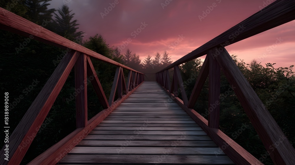 Obraz premium A wooden walkway leads into a dark forest under a dramatic sunset sky