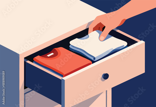 An illustration depicts a hand placing a folded white shirt into an open drawer with red shirt