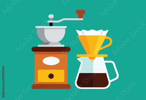 Vector graphic of coffee brewing equipment with grinder, filter, and carafe, all set against a teal background