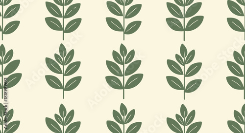 Clean and simple seamless pattern featuring rows of stylized green branches with leaves, creating a modern and minimalist botanical background design.