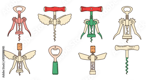 Assortment of various types of corkscrews and bottle openers, including winged and simple designs, illustrated in a retro style.