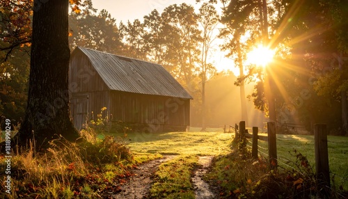 Old barn bathed in golden sunlight with a winding dirt path