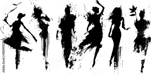 Dynamic human silhouettes in black ink splatter art for creative design projects