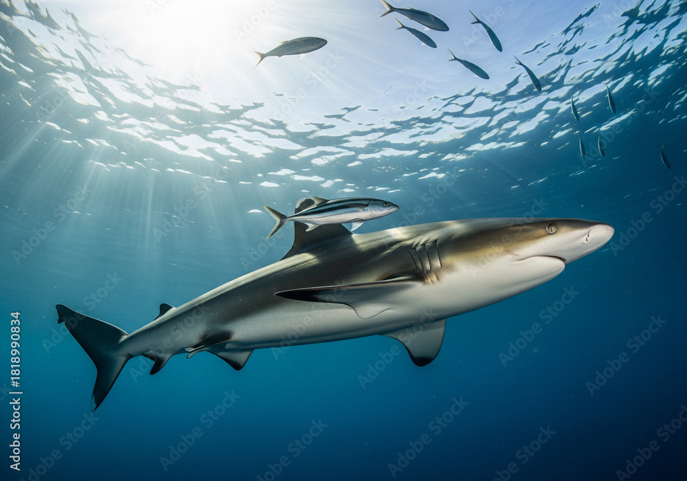 Fototapeta premium Caribbean Reef Shark Swimming with Remora Fish Under Sunlit Ocean Surface and Blue Water