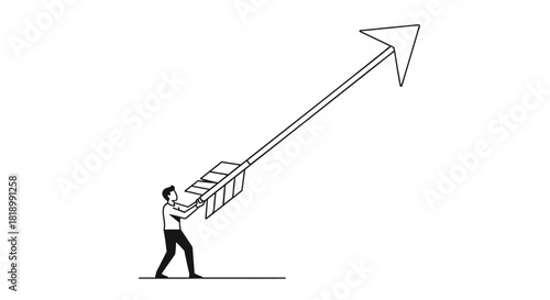 Businessman pushing growing arrow with boxes, symbolizing growth and progress.