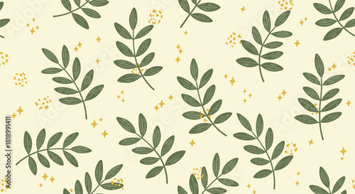 Elegant seamless pattern of scattered green leafy branches with yellow sparkles and dots on a light cream background, perfect for a gentle, natural design.