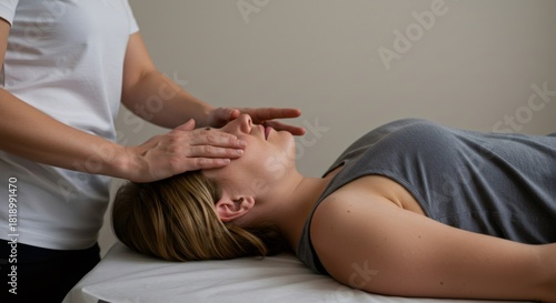 Woman receiving cranial sacral therapy. Alternative medicine for stress relief and holistic wellness. Healing touch and relaxation.
