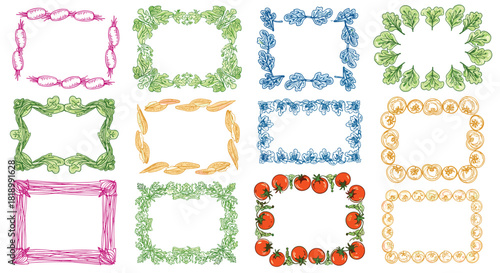 Assortment of hand-drawn rectangular and oval frames made from various vegetables like tomatoes, lettuce, carrots, and corn.