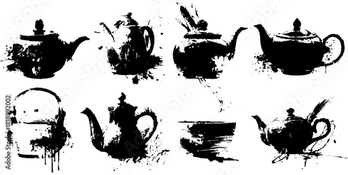 Black ink splatter illustration of hand-drawn teapot set in vintage style for art and design