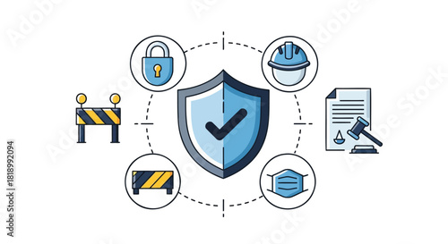 Security and protection icon collection. Includes shield, lock, hard hat, safety mask, document, and barrier symbols. Created in modern style with blue and yellow palette.