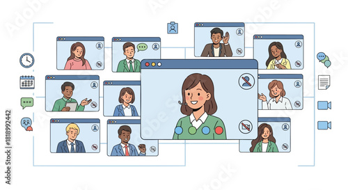 Diverse group of people participating in a video conference meeting online from their homes or offices