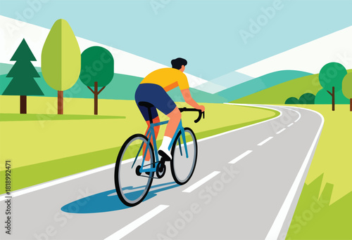 Colorful illustration depicts a cyclist in yellow and blue attire on a winding road with trees and hills in the distance