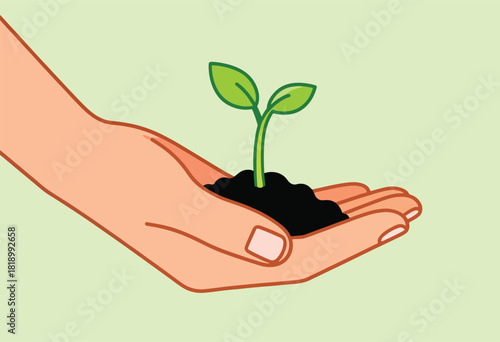 A hand holding soil, from which a green sprout emerges against a muted background