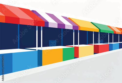 Stylized illustration of a row of colorful market stalls, with white supporting beams and shadowed facades