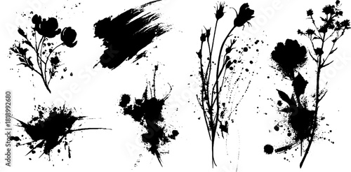 Abstract ink splatter illustration of washed plants for artistic design