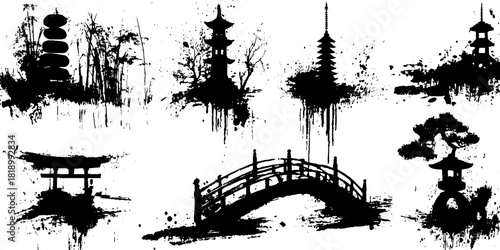 Black ink splatter illustration of japanese garden elements in minimalist style