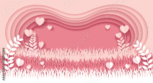 Romantic meadow scene in a 3D paper cut style, with heart-shaped flowers and tall grass in monochrome pink, creating a dreamy layered landscape.