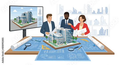 Architects collaborating on a modern building design project with blueprints and a scale model