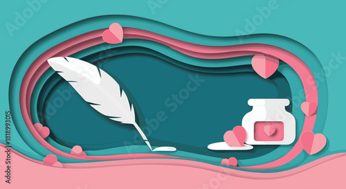 Romantic writer's theme in a 3D paper cut style, with a quill pen, inkwell, and paper hearts on a layered pink and teal abstract background.
