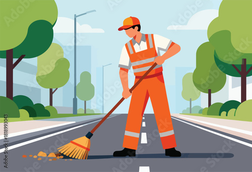 A street cleaner in orange uniform sweeps asphalt road in a cartoonish, illustrated city. Trees and buildings in the background