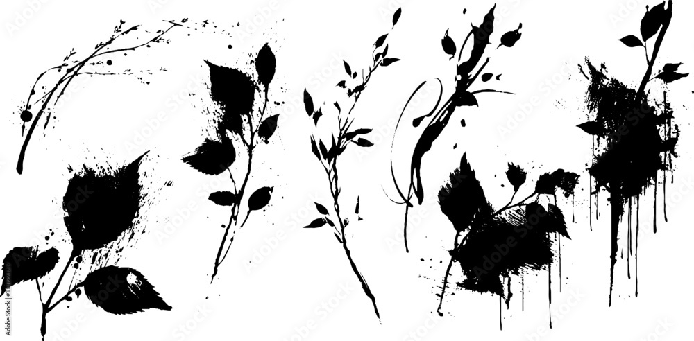 Obraz premium Minimalist black ink splatter leaf line art illustration for design and decor
