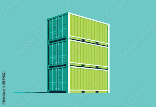 Illustration of stacked shipping containers, in green and turquoise hues, with shadow on turquoise background