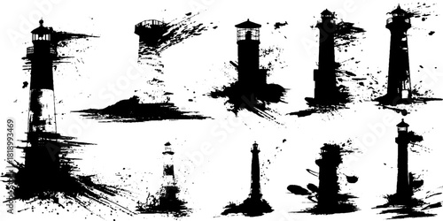 Black ink splatter lighthouse forms set - minimalist silhouettes for artistic design
