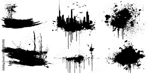 Black ink splatter and lens shadow set with six varieties for artistic design