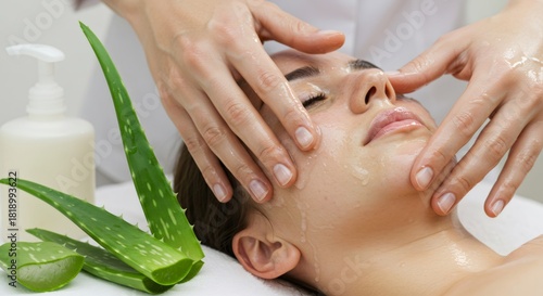 Woman receiving facial massage with natural aloe vera extract for skin care. Organic skin rejuvenation and beauty treatment at a spa.