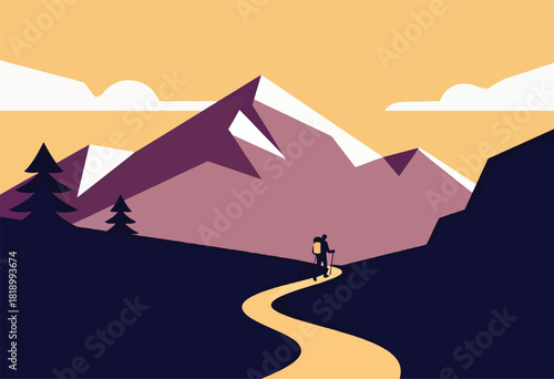 A minimalist landscape shows a hiker trekking towards a mountain. A yellow path guides. Two trees stand