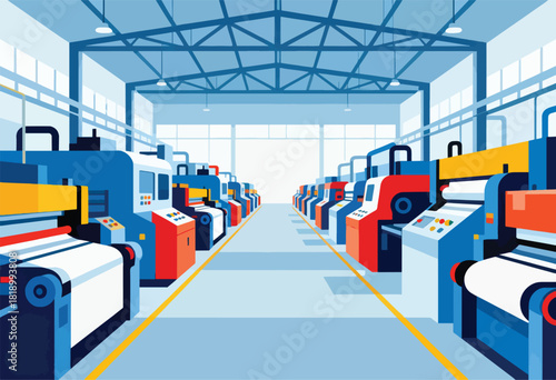 A symmetrical, blue-toned illustration depicting a printing factory, with machines arranged on either side
