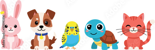 Cute Cartoon Domestic Pet Vector Set: Rabbit, Dog, Budgie Parrot, Turtle, and Cat, Ideal for Veterinary, Pet Store, Children, and Animal Graphics Collection