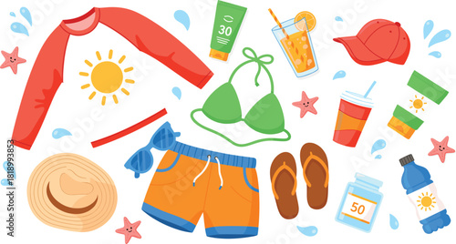 Summer Beach Essentials Vector Set: Sunscreen, Swimwear, Hat, Sunglasses, Flip-Flops, Rash Guard, and Cold Drinks, Ideal for Holiday, Travel, and Vacation Graphics