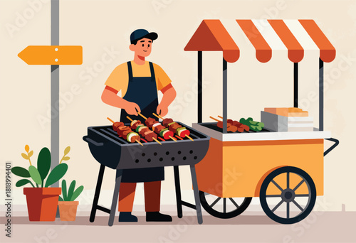 A street vendor grills kebabs next to a food cart with an awning; a directional sign is nearby