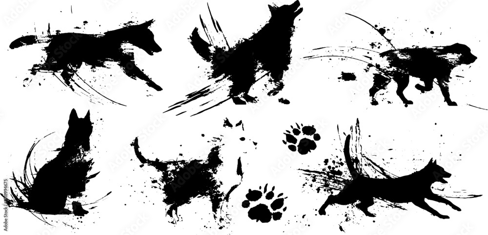 Obraz premium Minimal dog silhouettes with ink splatter design for posters and cards