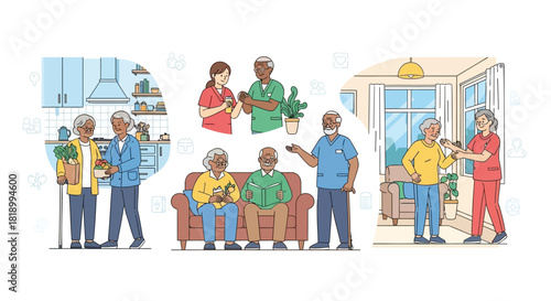 Diverse elderly people receiving care and enjoying activities in a supportive community setting