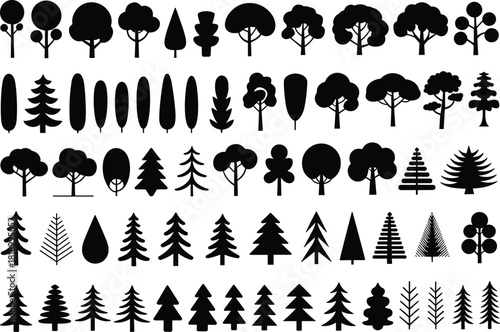 Collection of diverse tree silhouettes featuring deciduous and conifer shapes, natural forest elements for botanical landscape design illustration