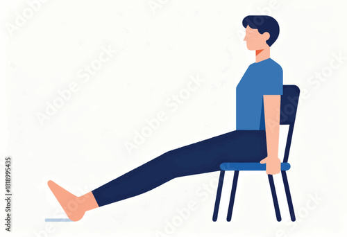 Illustration of person seated on chair, legs extended. Neutral background, simple flat style