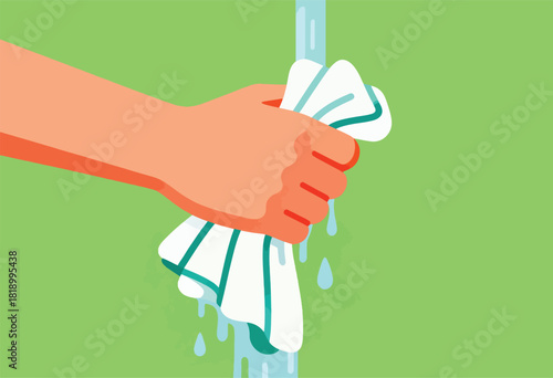 Illustration shows a hand squeezing a wet, striped towel under running water, with droplets falling