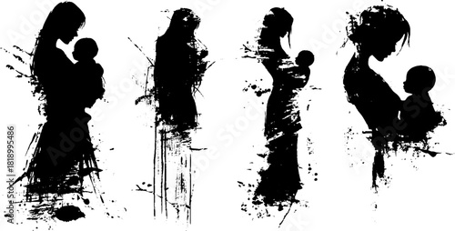 Mother and child silhouette with black ink splatter art - emotional bonding design