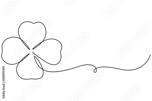 Four leaf clover continuous one line drawing minimalist outline illustration on white background.Minimalist four leaf clover continuous line art simple outline floral illustration.Vector illustration.