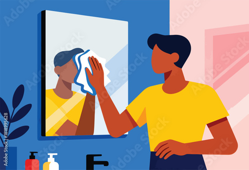 A person in yellow shirt cleans a mirror with a cloth in a bathroom. Reflection can be seen in the mirror