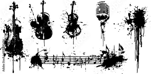 Black ink splatter musical silhouettes set with instruments and microphone for artistic design